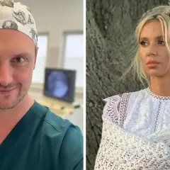 Łukasz Grabarczyk i jego żona, piękna blondynka w białej koronkowej sukience, pozują do zdjęć.