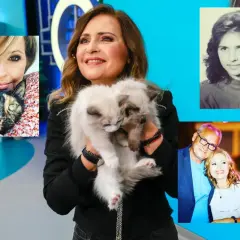 Agnieszka Gozdyra z mężem i dziećmi, w tym z kotami. Na zdjęciu jej mąż, ona sama w różnym wieku, oraz koty.