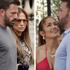 Jennifer Lopez i jej mąż Ben Affleck w czułym uścisku. Ona patrzy na niego z miłością, on z uwagą.