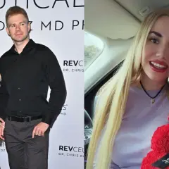 Marianna Schreiber z mężem na evencie. Po prawej Marianna z misiem z róż.