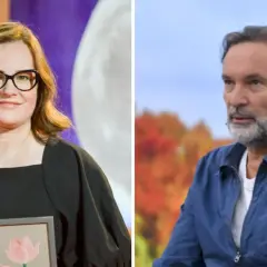 Joanna Kołaczkowska w okularach i mężczyzna z brodą w niebieskiej kurtce.