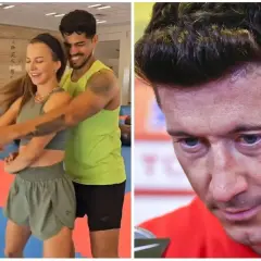 Anna Lewandowska tańczy bachata z partnerem. Obok Robert Lewandowski.
