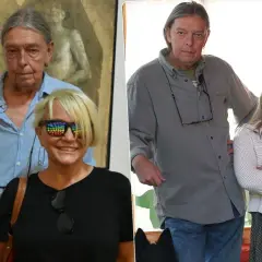 Małgorzata Ostrowska z mężem, wesoło pozują do zdjęć. Ona w okularach z tęczowymi kropkami, on w szarej koszuli.