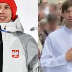 Kacper Tomasiak w stroju olimpijskim i w białej koszuli, jakby na ślubie.