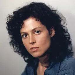 Sigourney Weaver, ikona kina, w zbliżeniu. Jej spojrzenie przywodzi na myśl niezapomniane role w filmach.