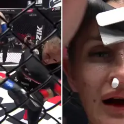Dwie sceny z walki MMA: zawodniczka w klatce i jej twarz po walce z opatrunkami. La Luna Fame MMA.