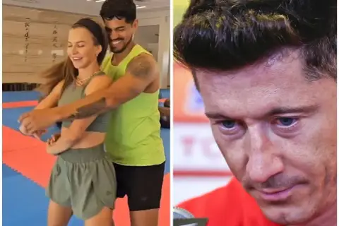 Anna Lewandowska tańczy bachata z partnerem. Obok Robert Lewandowski.