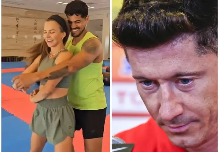Anna Lewandowska tańczy bachata z partnerem. Obok Robert Lewandowski.