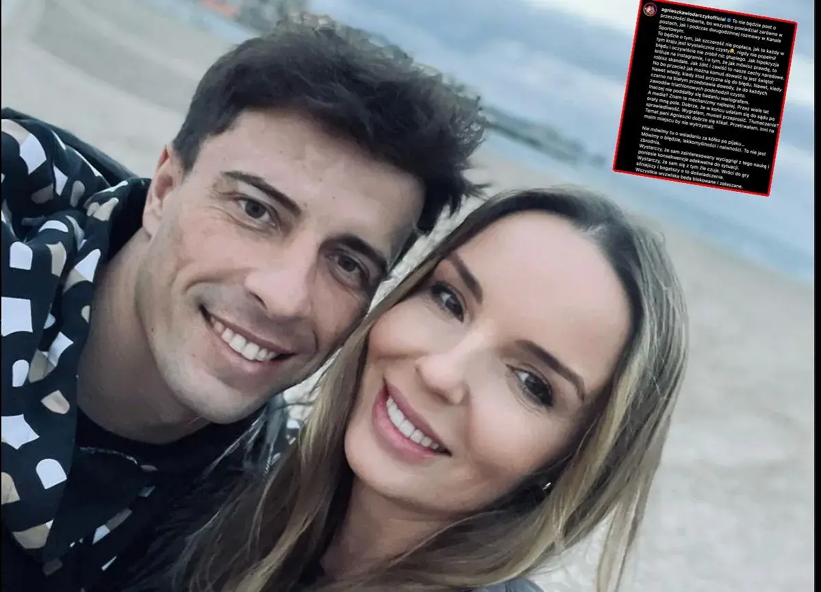 Robert Karaś i jego żona na zdjęciu. Uśmiechnięci, patrzą w obiektyw.