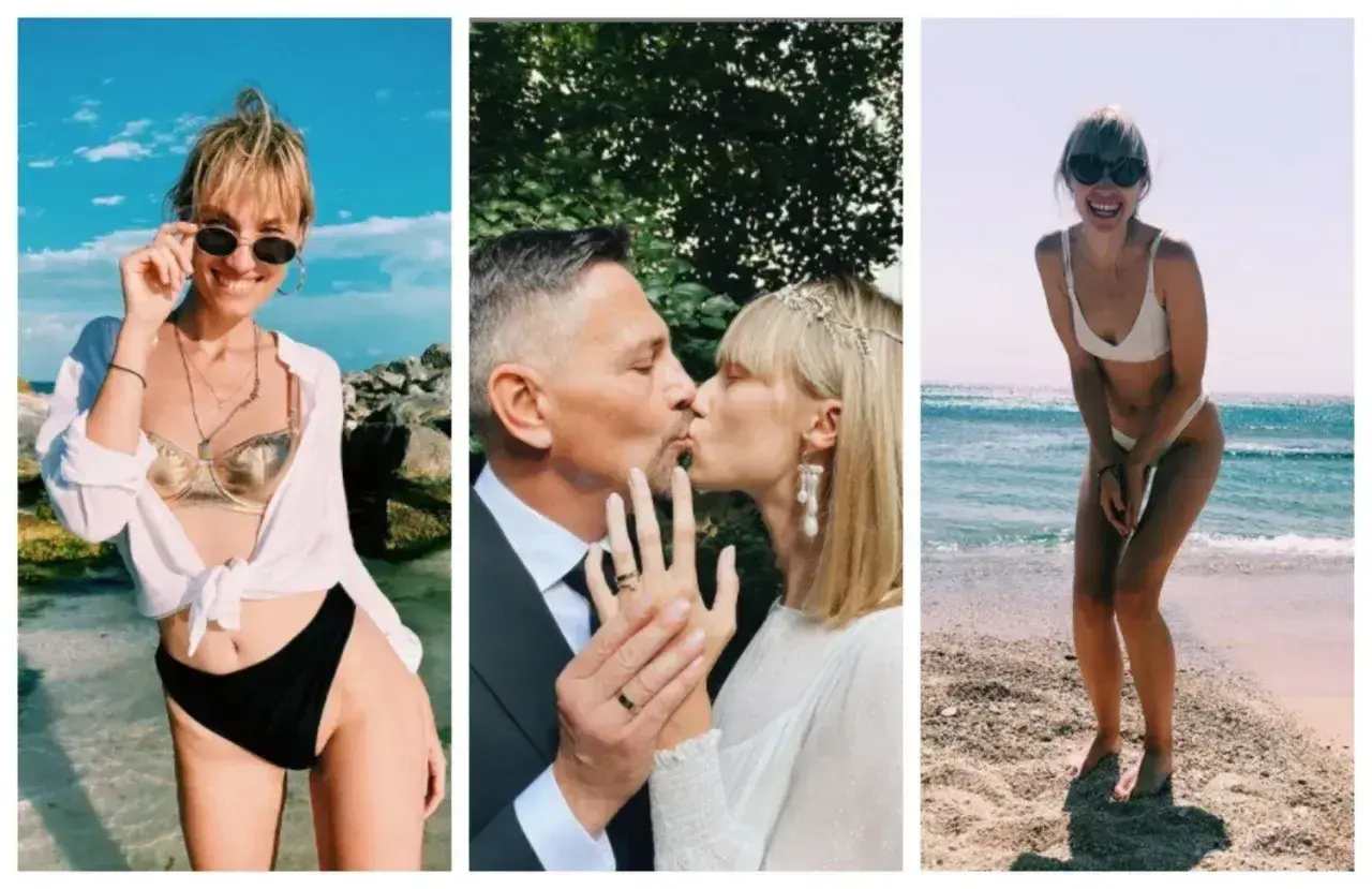 Krzysztof Ibisz żona na ślubnym zdjęciu i w bikini na plaży.