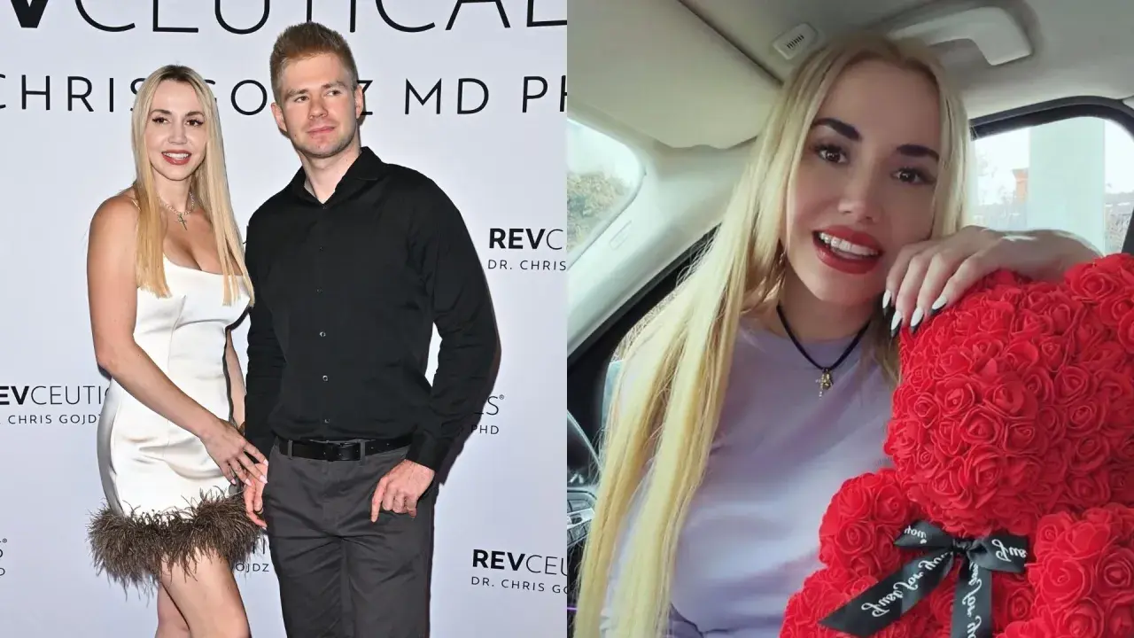 Marianna Schreiber z mężem na evencie. Po prawej Marianna z misiem z róż.