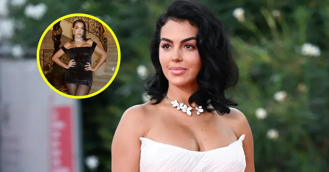 Georgina Rodriguez, żona Ronaldo, w eleganckiej białej sukni i czarnej kreacji w okręgu.