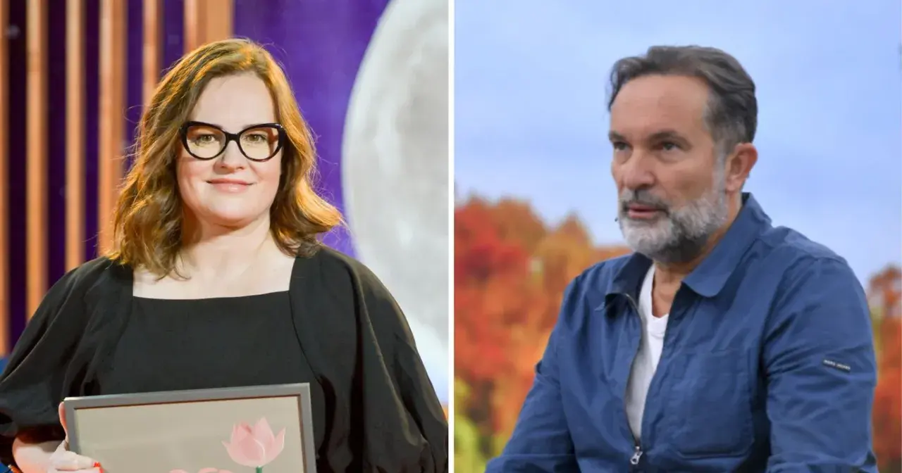 Joanna Kołaczkowska w okularach i mężczyzna z brodą w niebieskiej kurtce.