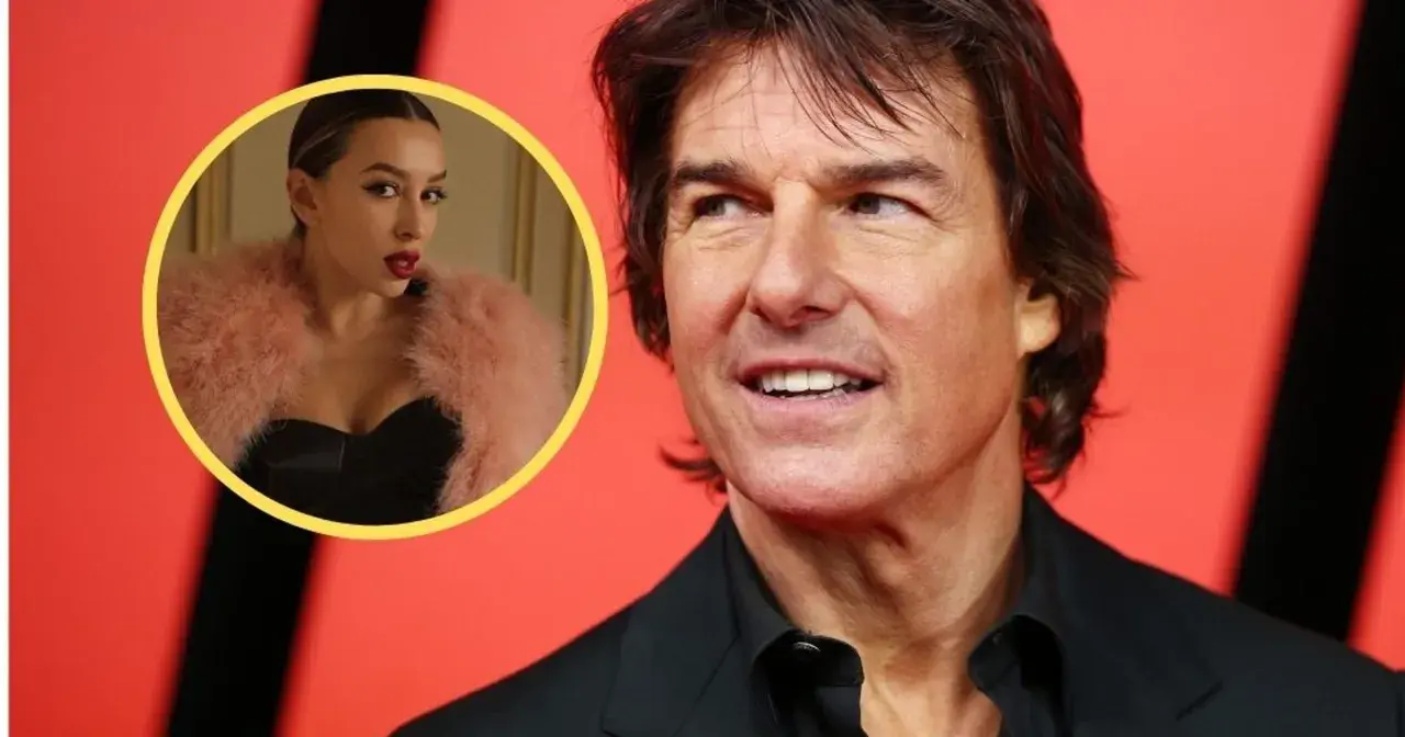 Tom Cruise z uśmiechem, obok zdjęcie kobiety w różowym futerku, która mogłaby być jego żoną.