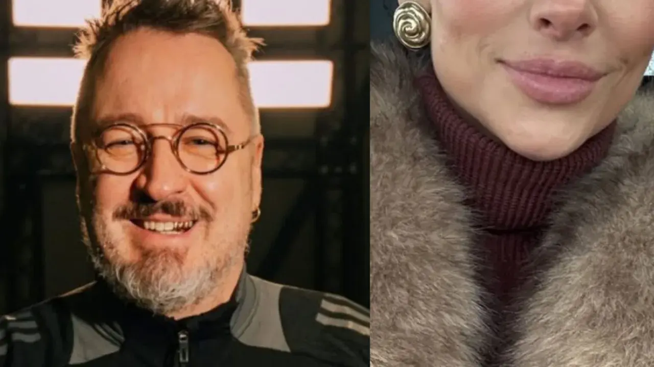 Piotr Kędzierski z żoną, uśmiechnięty mężczyzna w okularach i fragment twarzy kobiety w futrze.