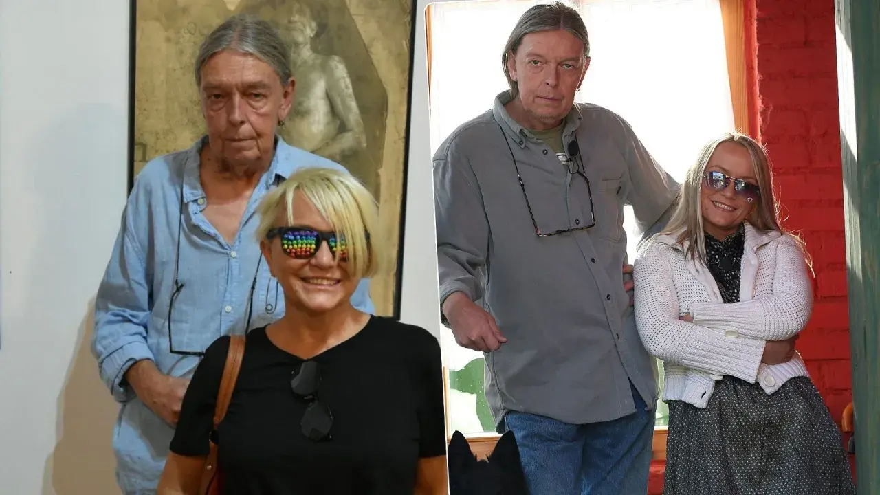 Małgorzata Ostrowska z mężem, wesoło pozują do zdjęć. Ona w okularach z tęczowymi kropkami, on w szarej koszuli.