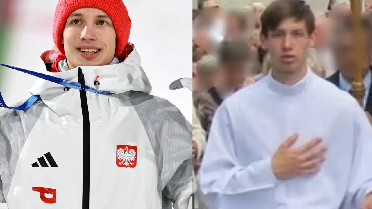 Kacper Tomasiak w stroju olimpijskim i w białej koszuli, jakby na ślubie.