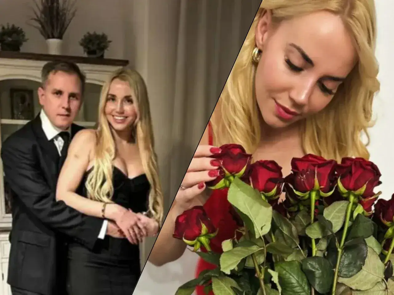 Marianna Schreiber z mężem w eleganckim wydaniu. Ona trzyma bukiet czerwonych róż, symbol miłości.