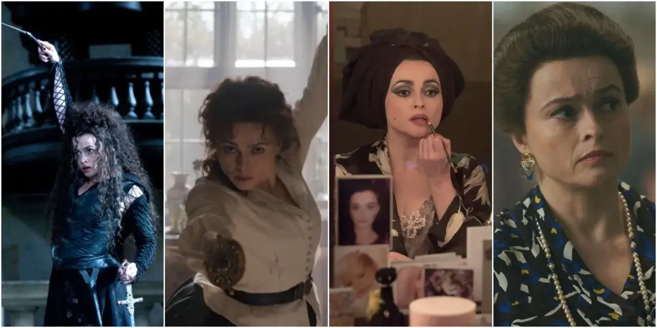 Helena Bonham Carter w filmach: jako Bellatrix Lestrange, w stroju z epoki, malująca usta i jako księżniczka Małgorzata.