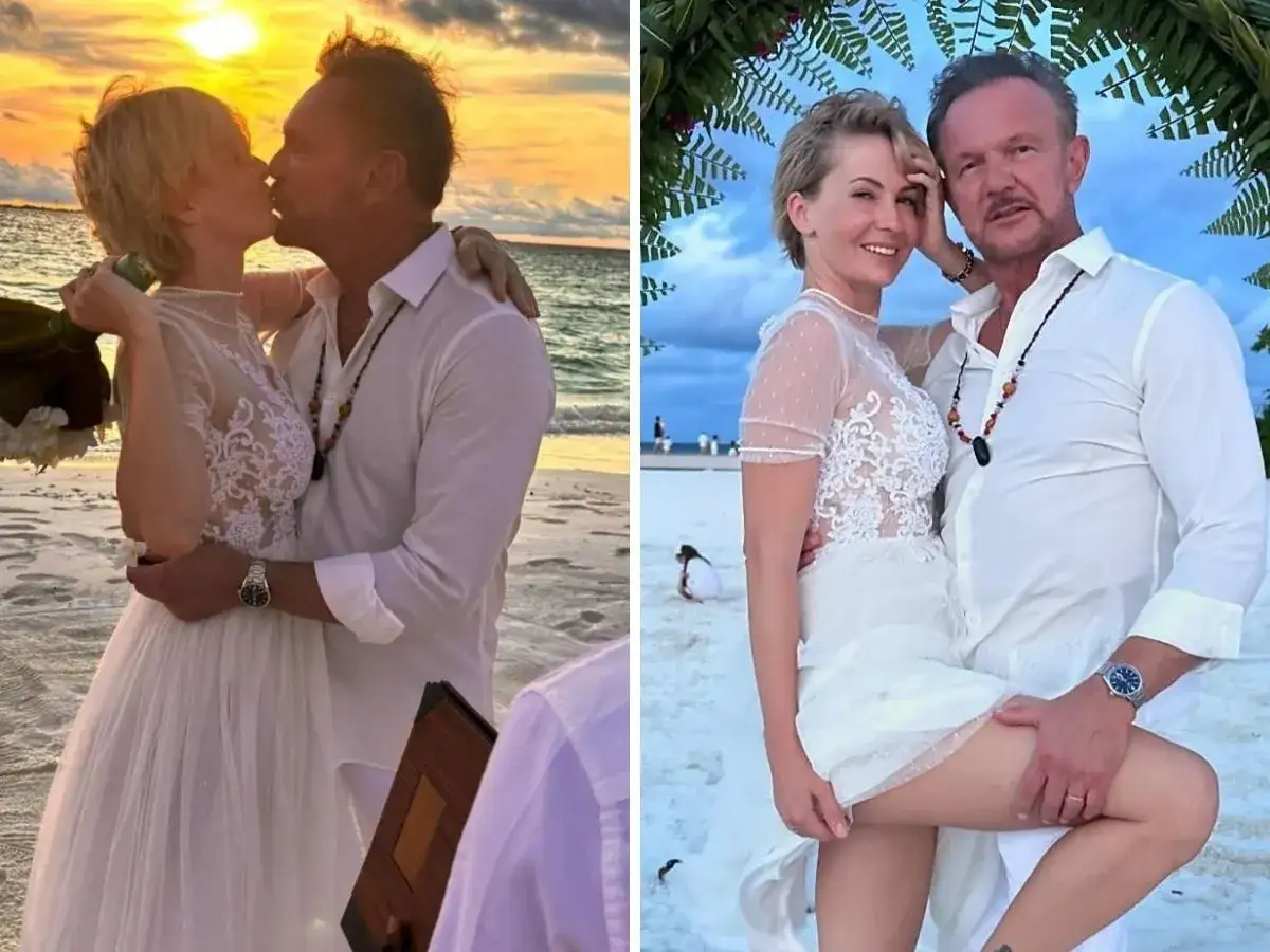 Cezary Pazura i jego żona Edyta na ślubnej sesji na plaży. Romantyczne chwile w zachodzącym słońcu i pod palmami.