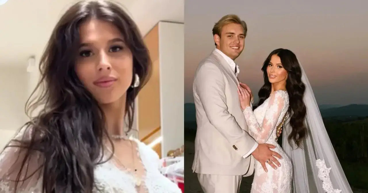 Roksana Węgiel i jej mąż w dniu ślubu. Ona w pięknej sukni, on w eleganckim garniturze.