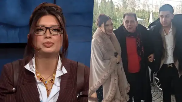 Viki Gabor w eleganckim stroju i rodzina podczas uroczystości, być może ślub.